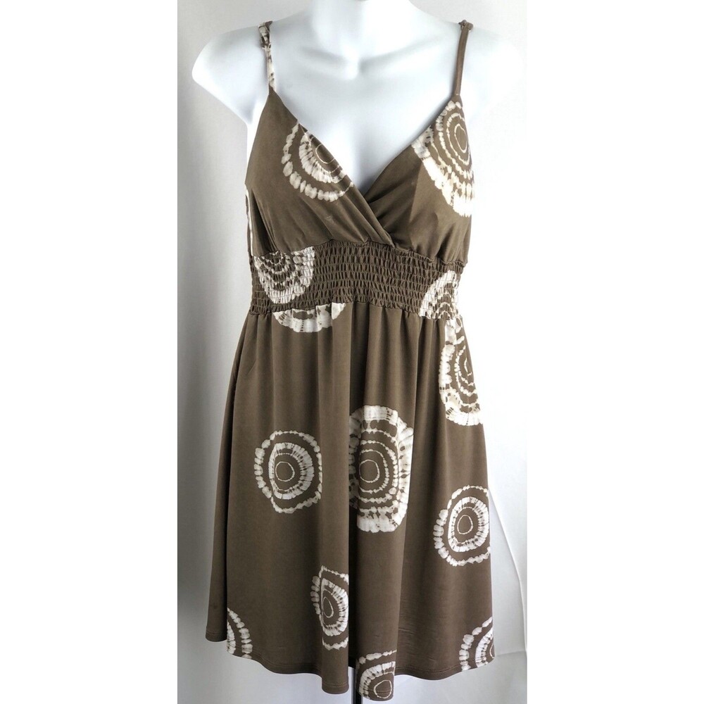 Vintage Boutique Mini Halter Dress L JRs Taupe Tribal Smocked Boho 90's Y2K